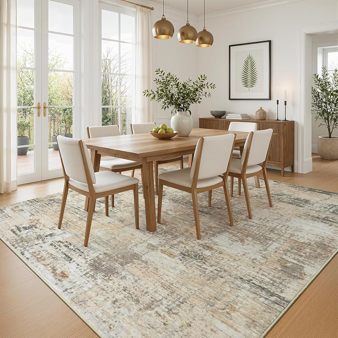 Rugflix 8x10 Area Rugs for Living Room, Washable Large Rug Stain-Resistant Low Pile, Modern Neutral Carpet for Dining Room Home Office Kid Room Nursery Bedroom, Gold/Beige/Grey