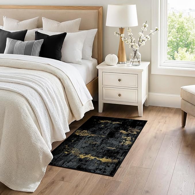 RELEANY Washable Area Rugs 3x4 Non-Slip Modern Abstract Soft for Living Room Entryway Bedroom Nursery, Print Pattern, Dark Black Gold