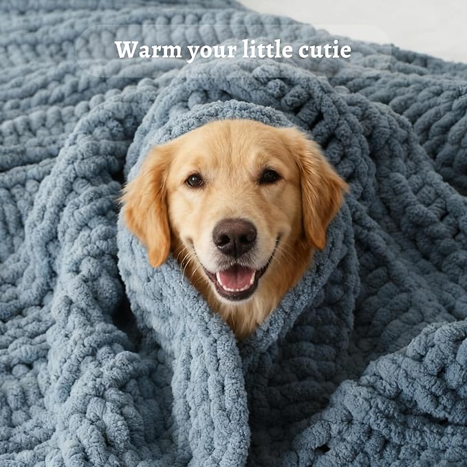 Battilo Chunky Knit Throw Blanket for Couch, 50"x60", Dusty Blue | Hand Knit, Cozy Warm Thick Soft Chenille Throw Blanket for Bed, Sofa, Living Room