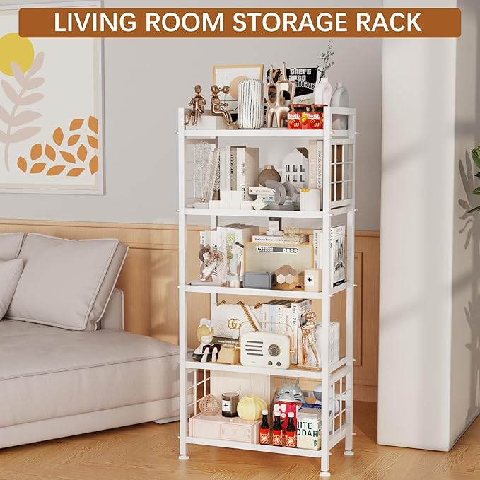GIOTORENT 5-Tier Kitchen Storage with Wooden Boards, Heavy Duty Storage Shelves & Bookshelf, Adjustable Metal Shelving Unit for Garage Kitchen Bathroom Laundry Organizer, 750LB Capacity, White