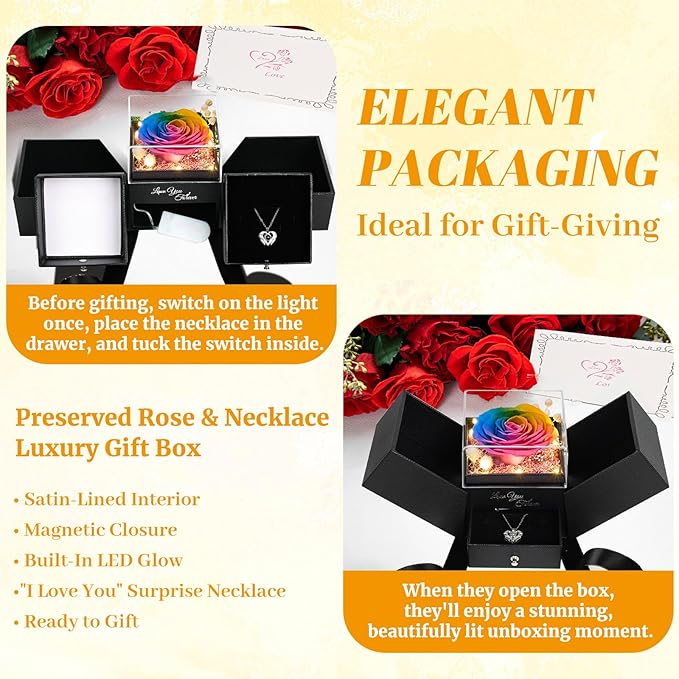 FIACO Gifts for Mom Preserved Real Roses with I Love You Necklace Fresh Forever Flowers Mothers Day Flower Gifts for Women Grandma Anniversary Birthday Gift for Girlfriend Wife Daughter