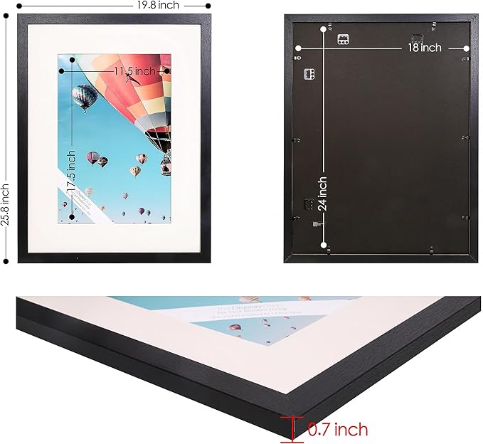 The Display Guys - Black Wooden Minimalist Picture Frames Set - Tempered Glass - 18x24 matted to 12x18 - Wall Hanging - 4-Pack