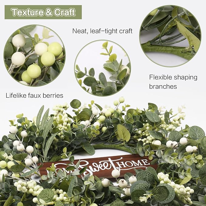 Artificial Eucalyptus Wreaths for Front Door, Spring Summer Wreath with Welcome Home Sign, Olives Leaves, Mixed Berries for Indoor Outdoor Farmhouse Porch Wall Window Festival Décor 20 Inch