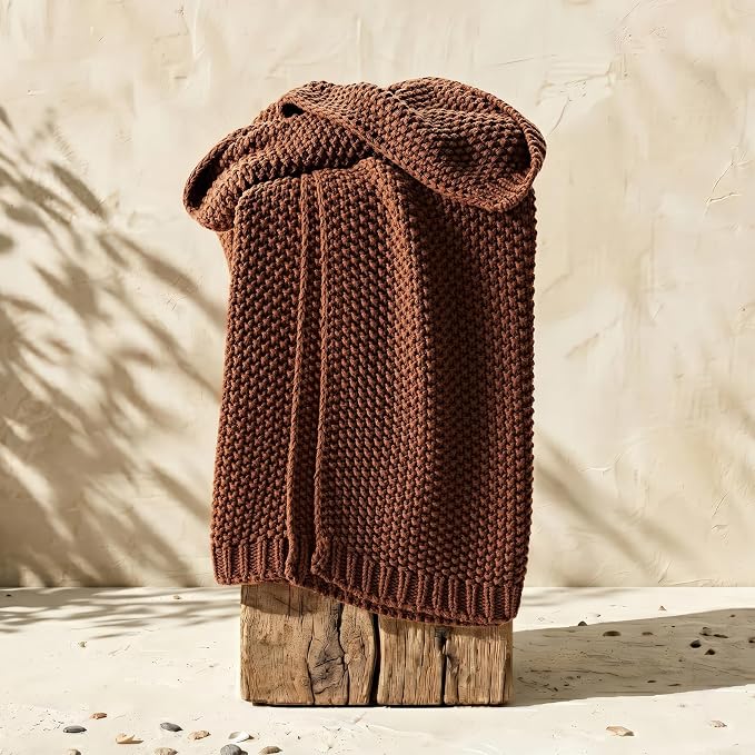 EverGrace Organic Cotton Chunky Knit Throw Blanket, 60 x 80 Terracotta | OCS Certified Organic Cotton, Seed Stitch Knit, Soft & Breathable, Cozy Midweight, Decorative Throw for Couch, Bed & Sofa