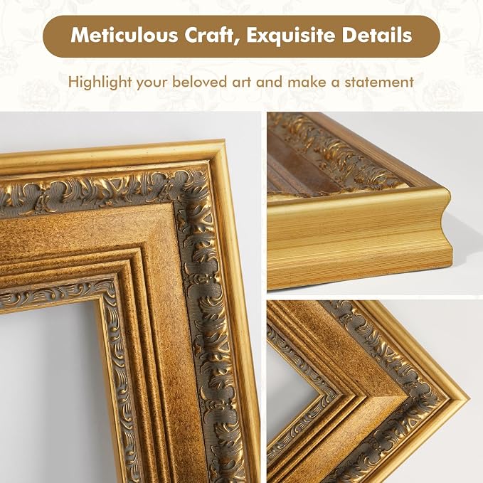 Vintage Plein Air Frame for 24x30 Handmade Paintings, 3.6" Wide DIY Wood Embossed Art Frame for Horizontal Vertical Display, No Glass Cover & Back, Living Room Bedroom Entryway Decor (Gold)
