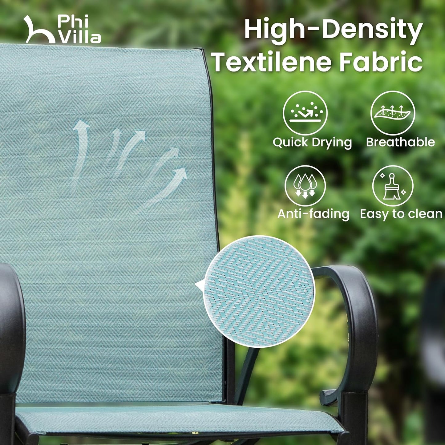 PHI VILLA 5 Piece Outdoor Bar Set, High Top Patio Bistro Bar Table and 4 Outdoor Swivel Bar Stools Chairs with Teal Textilene Fabric for Outside, Balcony, Garden and Yard