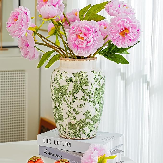 Sungmor Ceramic Flower Vase, Vintage Ice Cracked Glaze Porcelain Vase, Pretty Home Decor Vase for Flower Arrangement, Fresh Flowers, 10.2 Inch Tall Chinoiserie Pottery Vase, Green Floral Pattern
