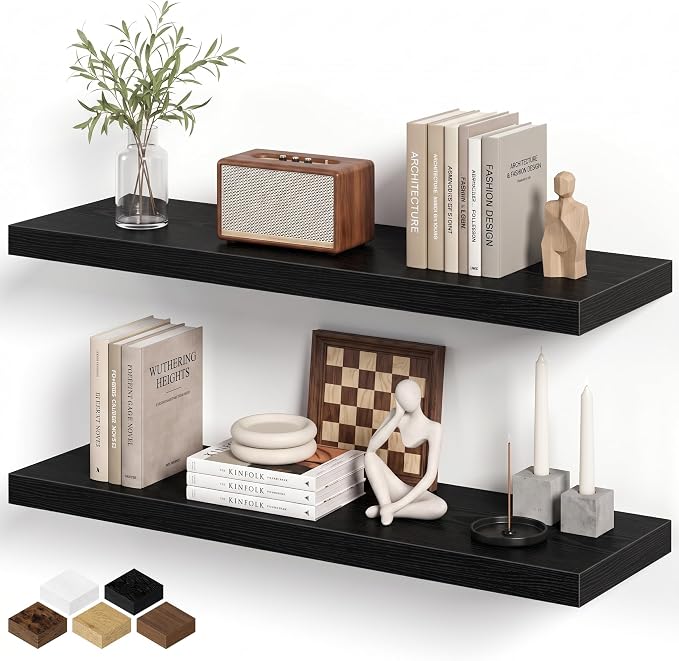 Fun Memories Black Floating Shelves for Wall, 32W x 8D Floating Wall Shelves with Invisible Brackets Set of 2, Hanging Rustic Wood Shelf Decoration for Bedroom, Bathroom, Living Room and Kitchen