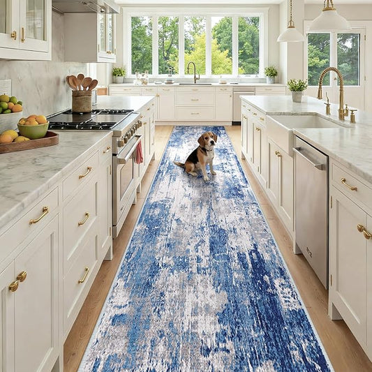 RELEANY Washable Area Rugs 3x12 Non-Slip Modern Abstract Soft for Living Room Entryway Bedroom Nursery, Print Pattern, Blue Grey Navy Gray