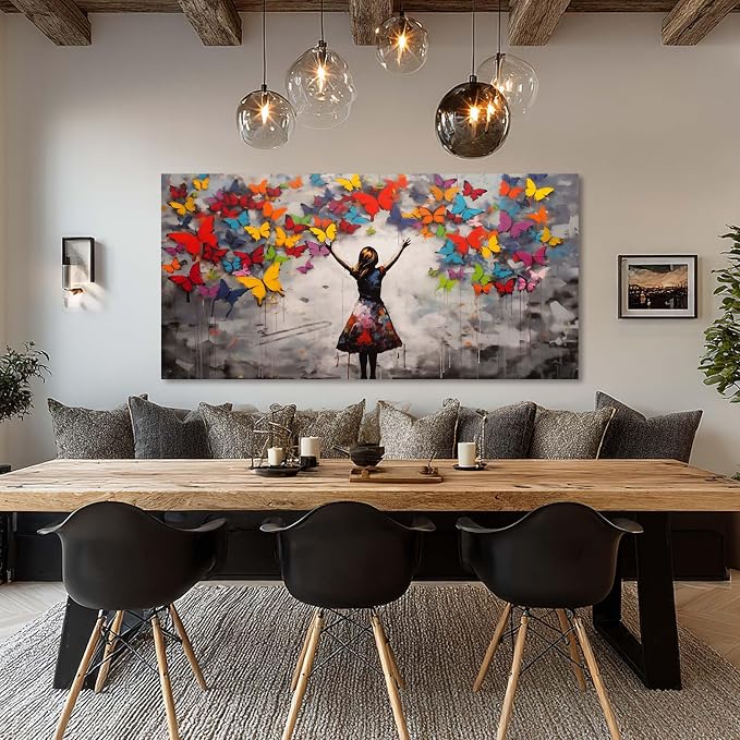 Graffiti Girl Wall Art for Living Room Canvas Oil Painting Prints Beautiful Butterfly Dream Art Deco Modern Artwork Office Bedroom Girls Dormitory Dining Room Decor Extra Large