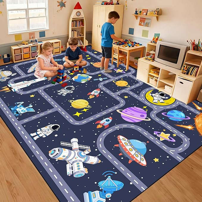 Space Rug for Boys Room 4.5x6 Feet, Non Slip Kids Area Rug with Solar System Planets and Astronaut Pattern, Galaxy Educational Carpet for Bedroom Nursery, Toy Cars Activity Zone