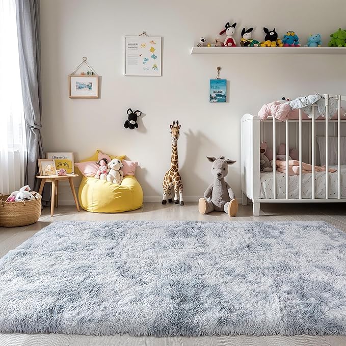 KICHOWUA Thick Area Rug Light Grey Fluffy Shag 3x5 for Bedroom, Soft Plush Fuzzy Shaggy Carpet, Thickened Washable Non Slip Cozy Furry Rugs for Living Room, Kids Baby Nursery Dorm, Tie-Dye Gray