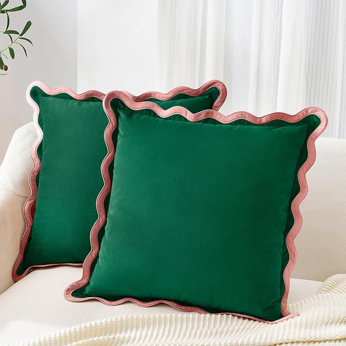 MONDAY MOOSE Decorative Throw Pillow Covers Cushion Cases, Set of 2 Soft Velvet Scalloped Wavy Edge Designs, Mix and Match for Home Decor, Pillow Inserts Not Included (18x18 inch, Pink/Green)