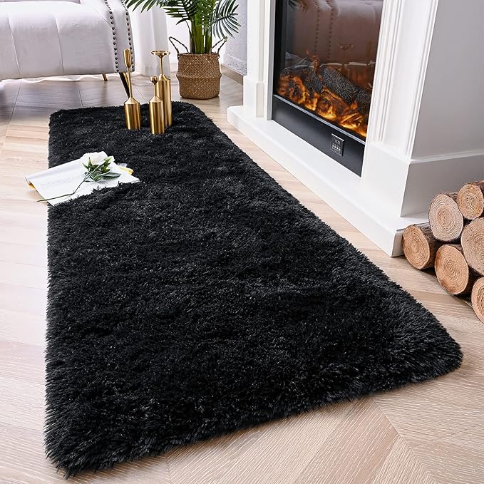 Chicrug Soft Runner Rugs for Bedroom Living Room Plush Fluffy Rug 3x8 Feet, Shag Furry Area Rug Carpet Non Shedding for Nursery Children Kids Girls Room Home Decorative, Black