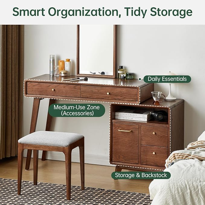 Extendable Vanity Desk with Dresser, 40 to 57 Inch Oak Makeup Table, Storage Writing Desk for Bedroom, Vanity Set for Girls and Women, No Chair