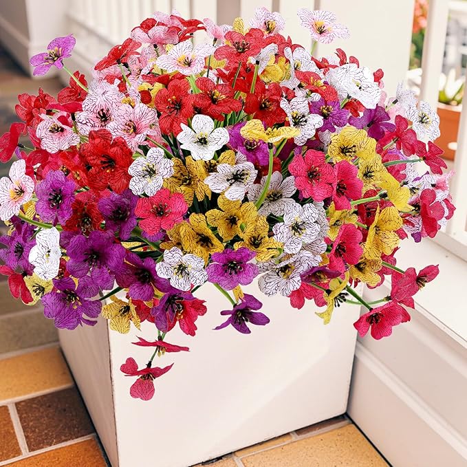Geegoods Artificial Mums Flowers for Outdoors, 12 Bundles UV Resistant Fake Plastic Colorful Mix Flowers for Patio Porch Spring Summer Decor