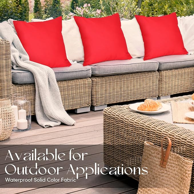 Colingmill 4 Set Waterproof Red Outdoor Throw Pillow Covers with 4 Pillow Inserts 18x18 Inch Decorative Waterproof Throw Cushion for Sofa Couch Home Patio