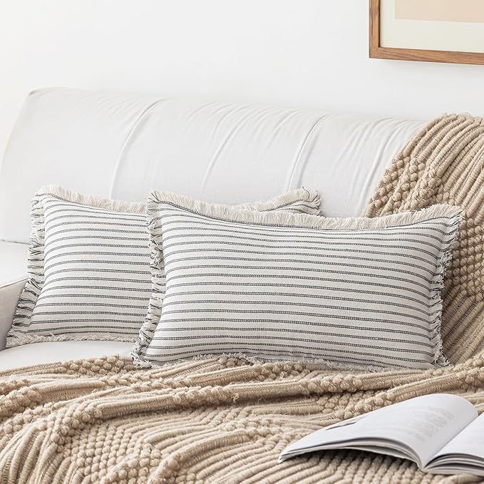 YEENAASY Throw Pillow Covers 12x20 Set of 2 Striped Fringe Pillow Cover Farmhouse Cushion Covers with Tassel Neutral Boho Pillows Decorative Square Pillowcase for Couch Sofa Bed, Grey