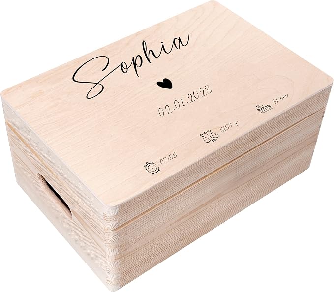 Creative Deco Personalized Wooden Storage Box Baby Memory Box | 11.8x7.87x5.51in (+-0.5) | Hinged Lid Handles Engraving | Multiple Choice Birth Baptism | Gift Box | UNSANDED Keepsake Souvenir