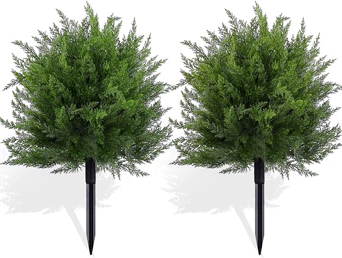 FAJUNZH Artificial Topiary Bushes for Outdoors with Spike, Boxwood Ball Fake Shrubs UV Resistant Faux Plants for Indoor Outdoor Fall Thanksgiving Halloween Decor (Cedar Topiary Ball Trees)