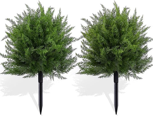 FAJUNZH Artificial Topiary Bushes for Outdoors with Spike, Boxwood Ball Fake Shrubs UV Resistant Faux Plants for Indoor Outdoor Fall Thanksgiving Halloween Decor (Cedar Topiary Ball Trees)
