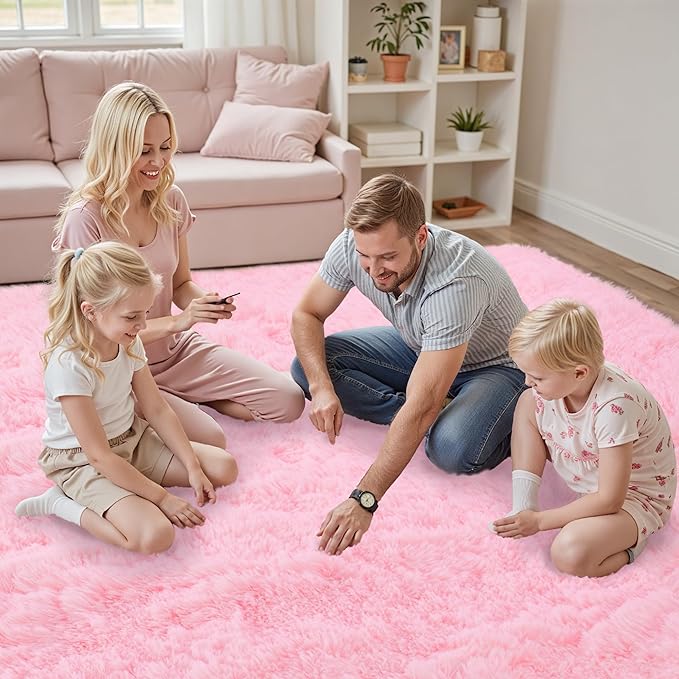 Fluffy Pink Area Rug for Bedroom Living Room Soft 8x10 Fuzzy Washable Rugs Non-Shedding Indoor Plush Rug for Nursery Kids Room Dorm Room Home Decor, High Pile Shaggy Floor Carpets(Pink 8'x10')