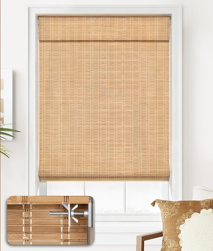 LazBlinds No Drill Bamboo Roman Shades, 47x64, Brown | Light Filtering Window Treatment, No Tools Cordless Roll Up Bamboo Blinds for Window