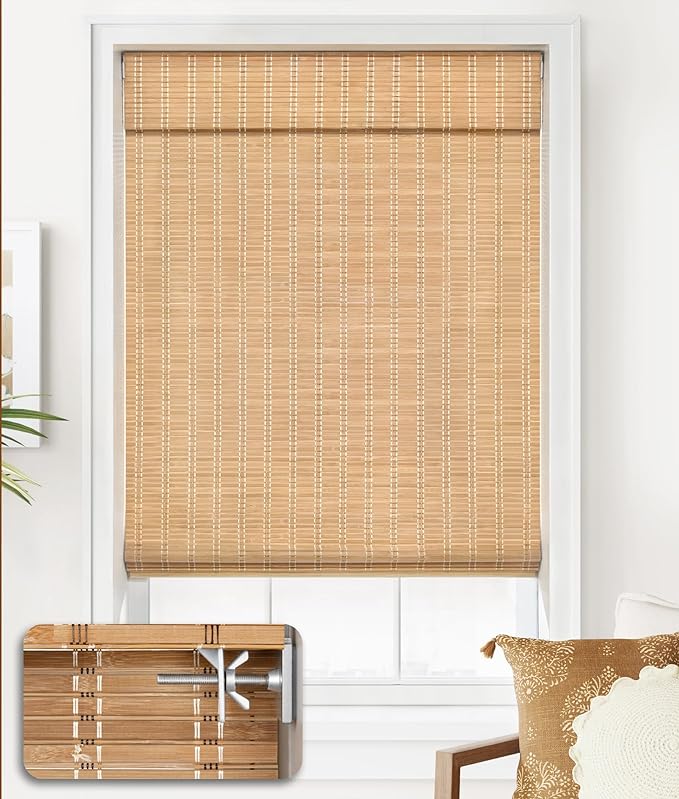 LazBlinds No Drill Bamboo Roman Shades, 26x64, Brown | Light Filtering Window Treatment, No Tools Cordless Roll Up Bamboo Blinds for Window