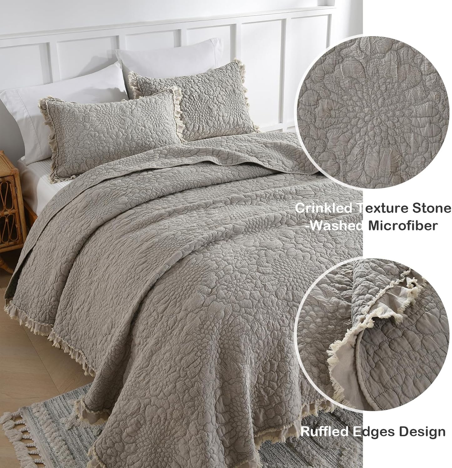 HORIMOTE HOME Beige Ruffled Quilt Queen Size, Stone-Washed Microfiber Lightweight Crinkled Farmhouse Rustic Shabby Chic Bedding Set, 3 Pieces Reversible Bedspread with Pillow Shams for All Season