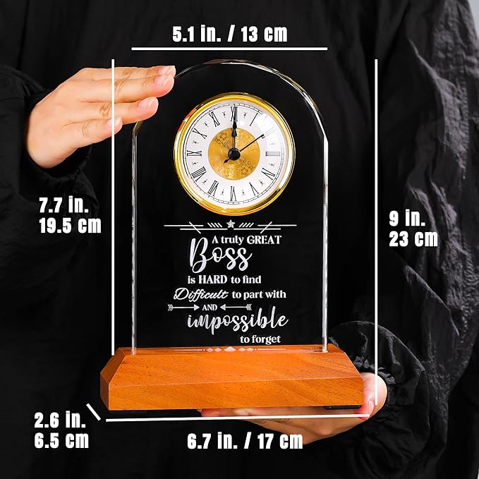 Ornalrist Boss Crystal Clock Gifts for Women, Men with Wooden LED Light Base, Boss Appreciation Gift Idea for Leader's Day, Desk Office Home Decor