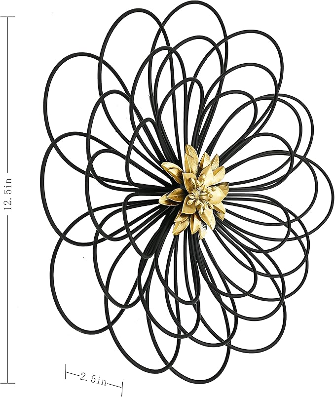Remenna Metal Flowers Wall Decor, Metal Rustic Wall Art Decoration Farmhouse Wall Decorations Multiple Floral Hanging Decor for Bathroom Living Room Home Office Garden Kitchen (Black&Gold)