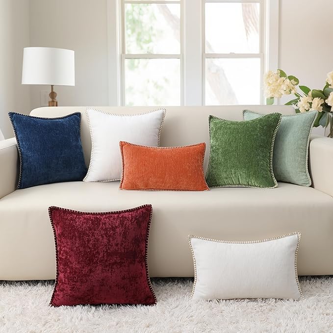 decorUhome Chenille Soft Cozy Throw Pillow Covers 12x20 Set of 2, Modern Farmhouse Boho Velvet Decorative Pillow Cases with Stitched Edge for Couch Sofa Bed Home Decor, Rust