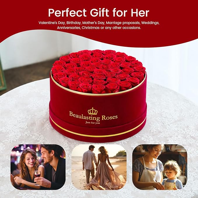 Beaulasting 47-Piece Forever Flowers Roses in a Box Preserved Roses for Her Mother's Day Birthday Flowers for Her Mom Women Wife Valentine's Day (Red)