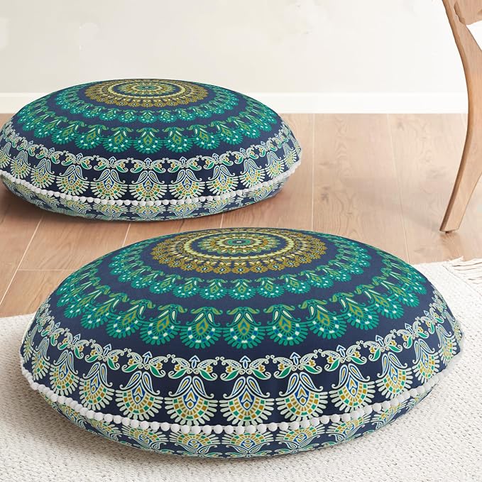 Codi Meditation Floor Pillow Set of 2, Round Large Pillows Seating for Adults and Teens, Bohemian Mandala Circle Cushions for Outdoor Fireplace Yoga Living Room, 32 Inch, Memory Foam Added, Green