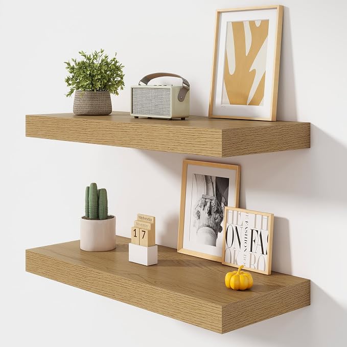 FLYJOE 32 Inch Floating Shelves, 12 Inch Deep Floating Shelves Set of 2, 32''W x 12''D Oak Shelves for Wall, Bathroom Available, Engineered Wood, Mounting Hardware Included