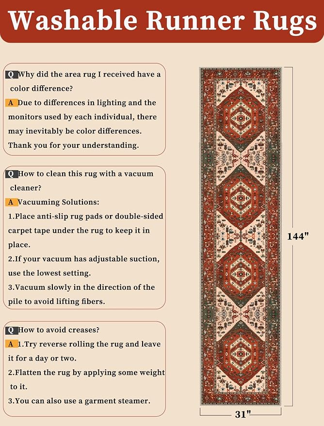 SERISSA Runner Rug for Hallways, 2'6"x12' Washable Non Slip Kitchen Runner Rug, Extra Long Boho Rug Ultra Soft Vintage Terracotta Green Floor Carpet for Bedroom Hallway Entryway Laundry Room