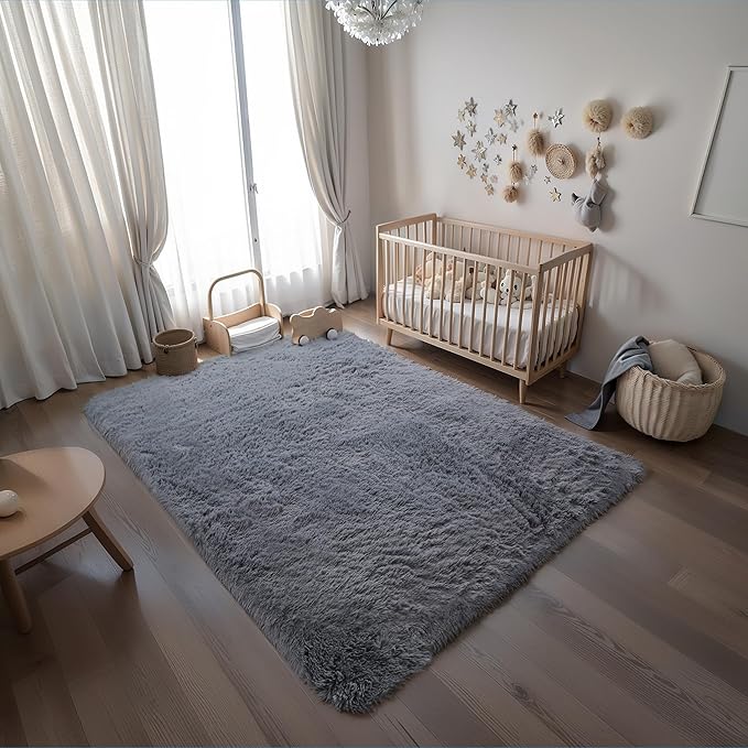 KICHOWUA 5x8 Grey Fluffy Fuzzy Area Rug for Bedroom, Soft Plush Washable Shag Carpet for Living Room,Gray Comfy Floor Non Slip Furry Shaggy Rugs for Kids Baby Boys Girls Nursery Teens College Dorm