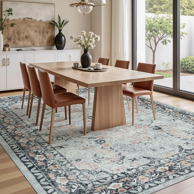 Lofus 9x12 Area Rug for Living Room,Distressed Grey Washable Area Rugs with Non-Slip Backing,Soft Boho Carpets for Bedroom Dining Room Home Office Indoor Nursery