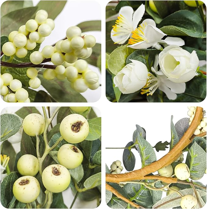 20 Inch Summer Wreaths for Front Door, Spring Summer Eucalyptus Wreath - White Berry Artificial Floral for Front Door, Porch, Home Decor, Farmhouse Wall Window Decorations