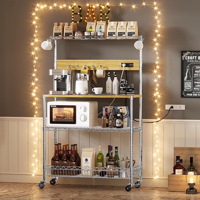 Bakers Rack with Power Outlet & Storage, 33 Inch Microwave Stand Kitchen Shelf Storage Rack, Coffee Bar Cart with Wheels & Hooks, 4-Tier Metal Kitchen Shelves Cart, Chrome