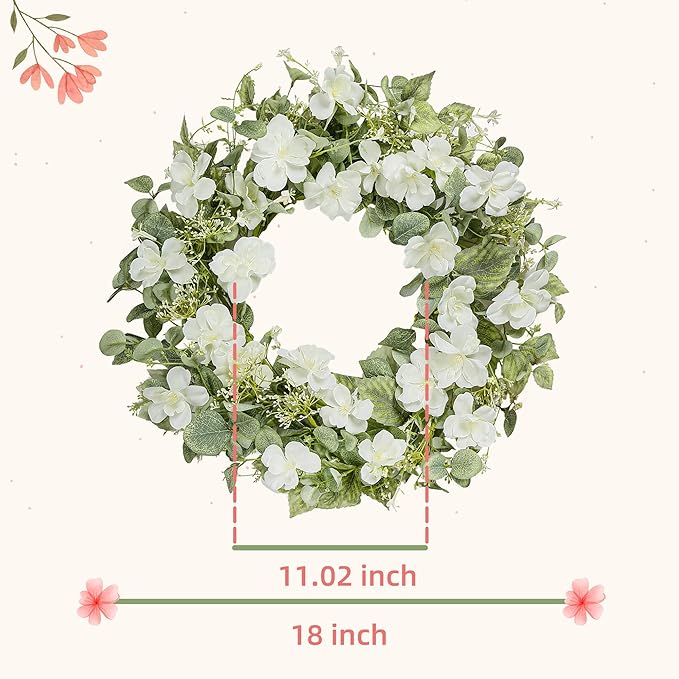 YNYLCHMX 18" Spring Summer Wreaths for Front Door, Artificial Floral Wreath with White Rose Flowers Green Eucalyptus Leaves, Green Foliage Wreath for Wall Window Farmhouse Party Holiday Home Decor