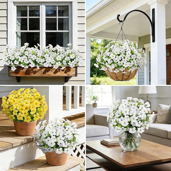 20 Bundles Artificial Petunias Flowers for Outdoors, Faux Silk Flowers UV Resistant Realistic Fake Plants for Outside Planters Porch Patio Yard Garden Spring Summer Home Decor, White