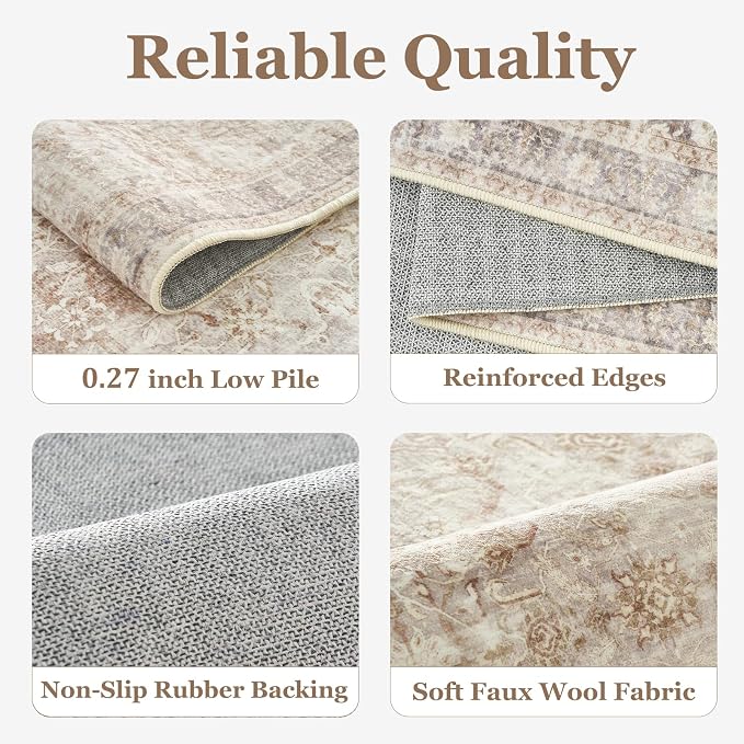 Vintage Beige 8x10 Area Rugs for Living Room, Retro Neutral Earth Tone Carpet Rug for Bedroom Dining Room, Low Pile Thin Washable Non Slip Room Rug for Home Office Playroom Family Room