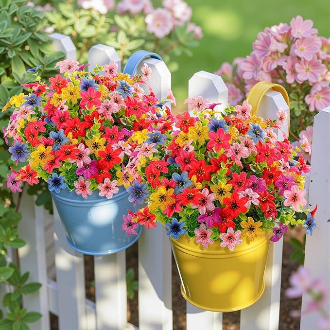 SHareconn 24 Bundles Artificial Flowers for Outdoors Spring Decoration, Fake Silk Realistic Faux Plants UV Resistant for Outside Planter Porch Patio Summer Indoor Decor, RedRosePurpleYellowPinkBlue