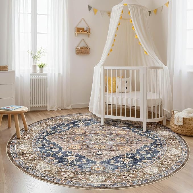 Round Rug Living Room Rugs: 8x8 Washable Boho Neutral Large Circle Soft Indoor Floral Stain Resistant Floor Farmhouse Carpet for Bedroom Nursery Kids Playroom Office Dining Room Dorm- Yellow Blue
