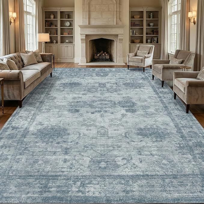 Homemate Washable Rug 10x12 Area Rugs - Vintage Faux Wool Rugs for Living Room Bedroom Dining Room - Non Slip Foldable Carpet Indoor Area Rug for Home Decor（10'x12', Blue