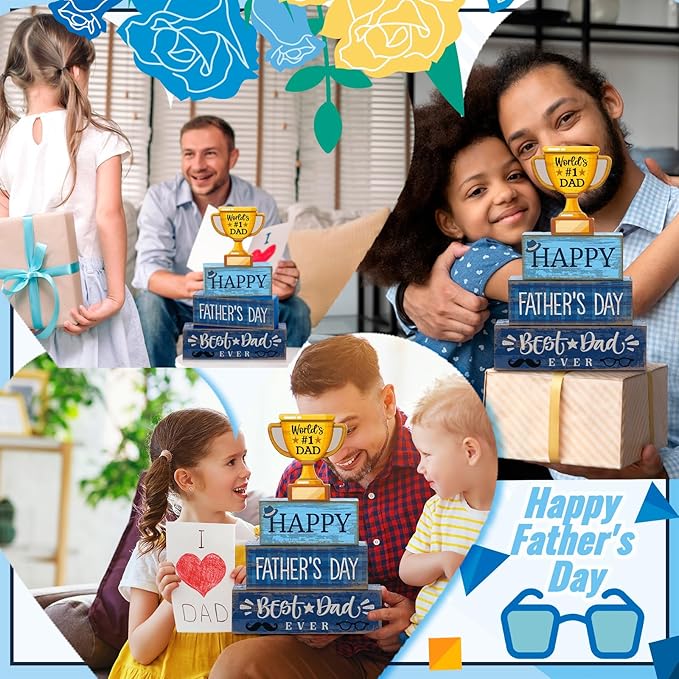 Yuntau 4 Pcs Father's Day Decorations Happy Father's Wooden Tabletop Tiered Tray Decor Rustic Best Dad Ever Trophy Wood Block Table Sign Centerpiece for Farmhouse Shelf Fireplace Birthday Party Gift