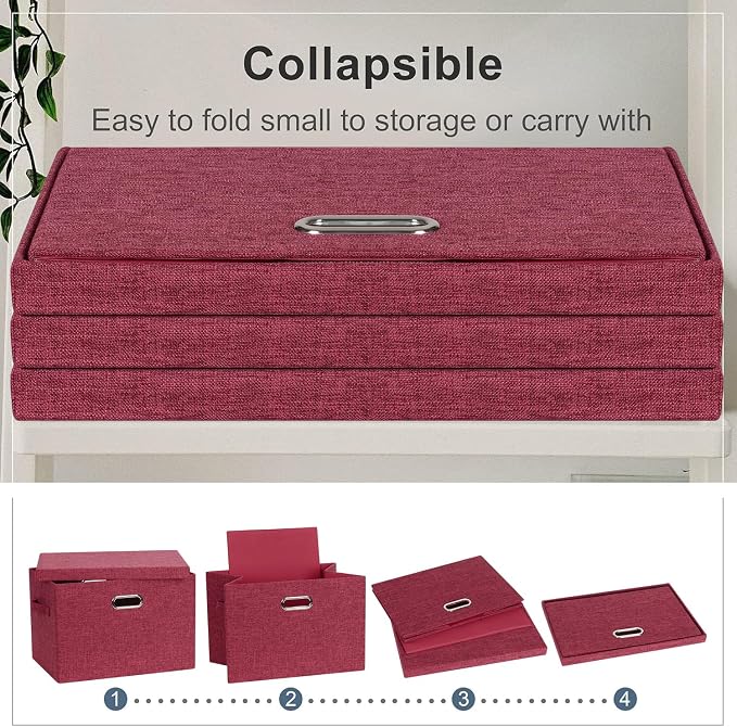 Graciadeco Large 17" 36 Quart Collapsible Stackable Storage Bins with Lids, 3 Packs Bright Red Linen Fabric Closet Boxes with Lids, Storage Cube Baskets Container Organizers for Office (17x12x11)