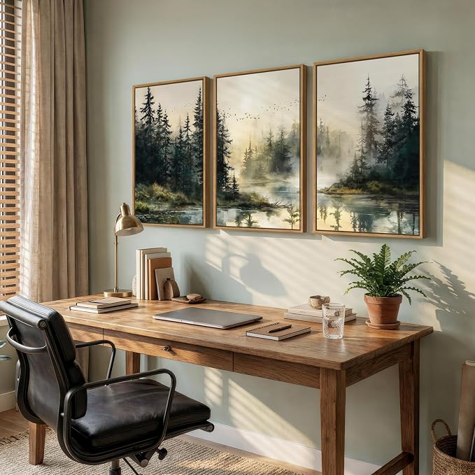 Framed Forest Landscape Nature Wall Art Bedroom, 3 Piece Foggy Pine Tree Lake Canvas Artwork for Walls, Sunset Wall Decor Paintings Pictures Print for Living Room Home Office Hallway, 16x24 Inch