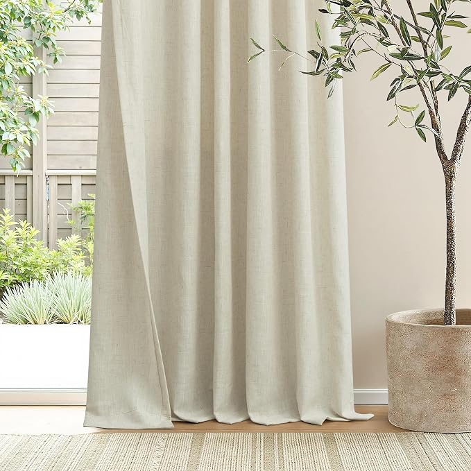 Beige Linen Pinch Pleated 98 Inch Curtains 2 Panel for Dining Room Living Funky Neutral Thick Sheer Ceiling Track Light Filtering Privacy Drapes 98 Long Custom Length for Bedroom Patio Sliding Door